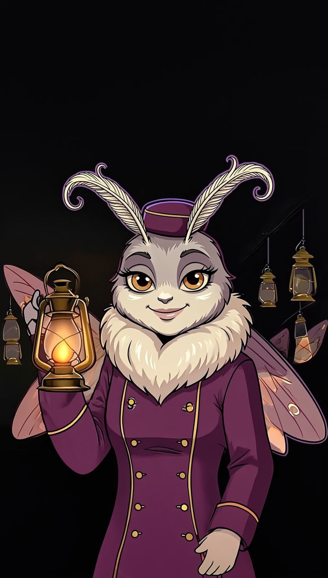 Vesper, a moth in an usher's uniform, holding up a lantern